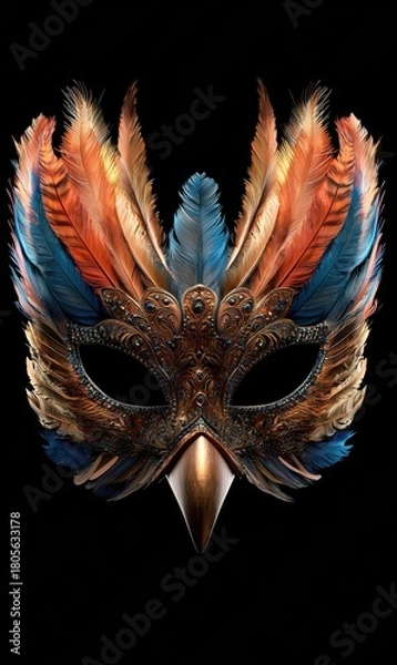 Fototapeta Ornate mask features detailed metalwork, feathers in orange and blue, and a bird-like beak. AI.