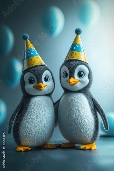Fototapeta Two penguins wearing birthday hats stand together. Blue balloons are visible in the background. AI.