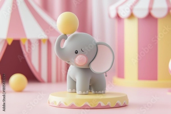 Fototapeta A gray elephant figurine balances a yellow ball on its trunk on a yellow platform. Circus tent background. AI.