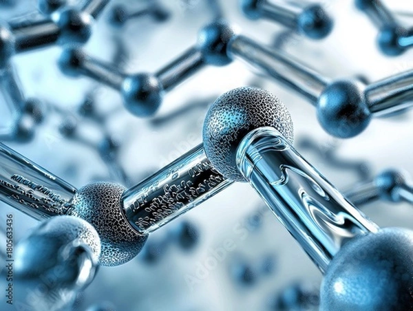 Fototapeta Metallic spheres connect with transparent bars in an abstract, interconnected structure. AI.