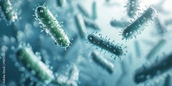 Fototapeta Many cylindrical microorganisms with spikes float on a blurred, light blue background. AI.