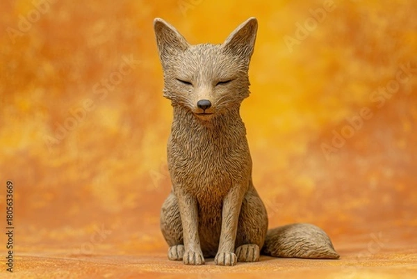 Fototapeta A fox figure is sitting upright with its eyes closed. The background is orange. AI.