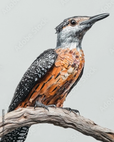 Fototapeta Decorative bird with orange and black plumage perches on a bare branch against a plain, light background. AI.