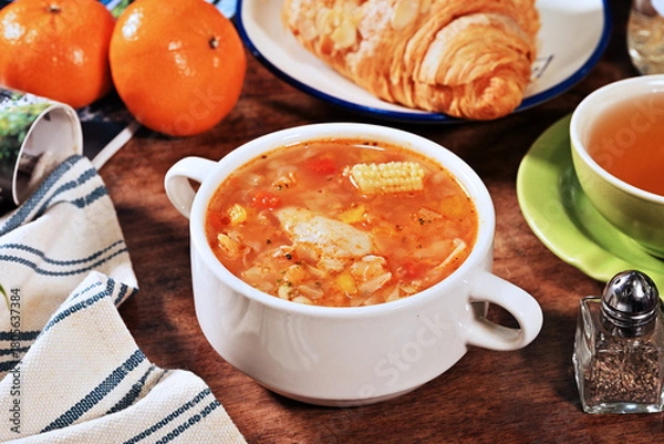 Obraz Italian tomato and chicken soup in a white bowl on a wooden background