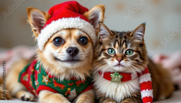 Obraz Festive pets wearing holiday attire, dog in Santa hat and cat with scarf, create joyful scene. Their expressions radiate warmth and cheer, perfect for celebrating season