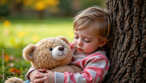 Obraz Peaceful child resting against tree, holding soft teddy bear, surrounded by serene outdoor setting with autumn colors. scene evokes warmth and comfort