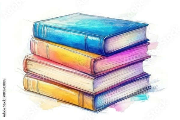Fototapeta watercolor sketch of a stack of four colorful hardcover books with a vibrant, whimsical, inviting mood