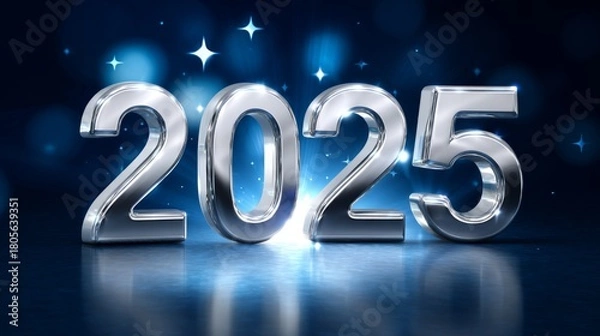 Fototapeta The numbers "2025" in silver metal, floating on a dark blue background with stars and glowing light effects, creating a futuristic New Year concept with a high-resolution, realistic appearance.