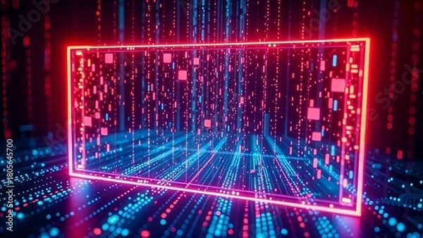 Obraz digital virtual hologram holographic portal gate stage landscape with particle stream rain, matrix rectangular neon frame with glowing edges