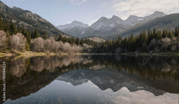 Fototapeta Spring forest reflection on mountain lake - ultra realistic photo