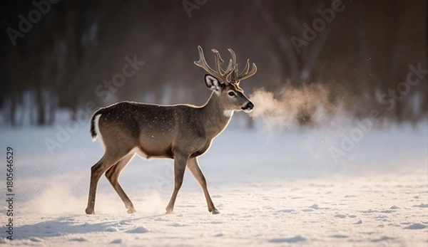 Obraz Deer walking in snowy clearing at dawn - ultra realistic photo
