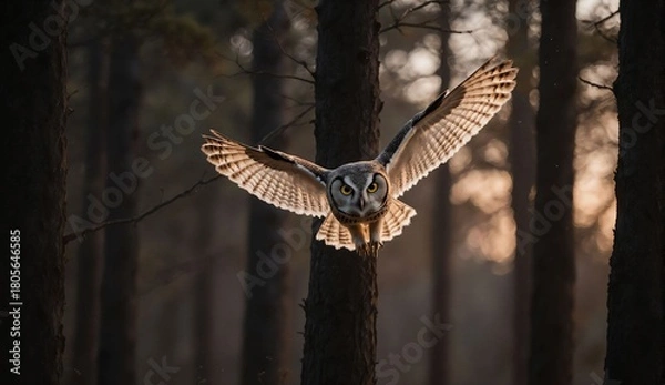 Fototapeta Owl flying through dusk forest - ultra realistic photo