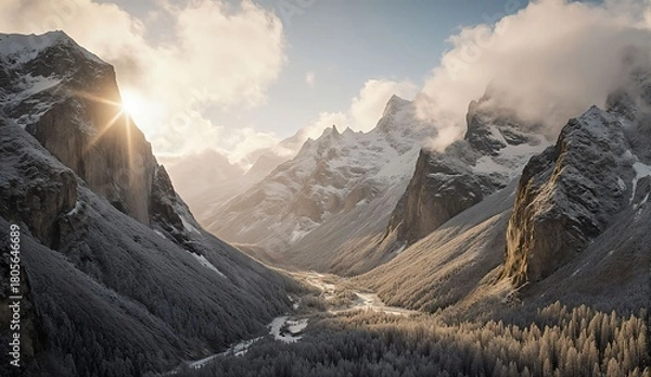 Obraz Frost-covered mountain valley in early winter - ultra realistic photo