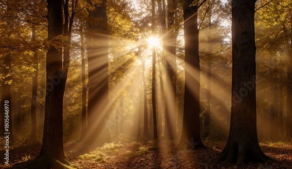 Fototapeta Golden autumn forest with sunlight - ultra realistic photo