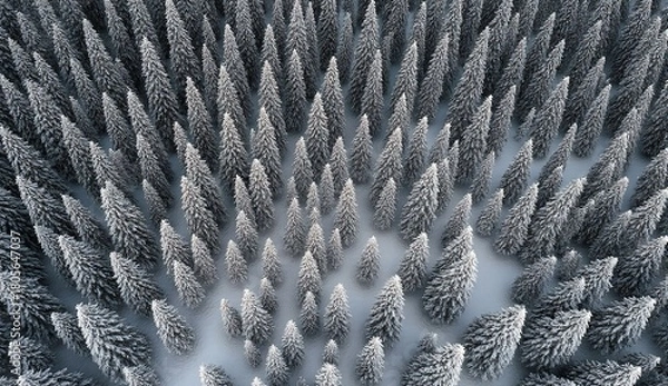 Obraz Aerial view of snowy pine forest - ultra realistic photo