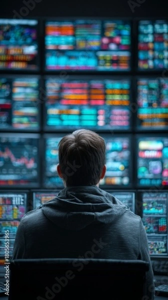 Obraz Guardians of the digital realm: a cybersecurity saga unfolds. Market opportunity. In a dark room, an expert analyzes threats on ai-powered systems. Business expansion. Business metrics.