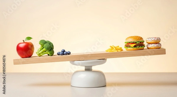Fototapeta A seesaw scale shows an imbalance between healthy fruits/vegetables and unhealthy junk food like burgers and donuts, representing a diet choice.