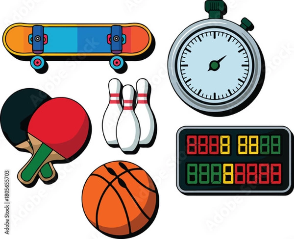 Obraz Collection of vector sports equipment including a skateboard stopwatch three bowling pins basketball and ping pong paddle