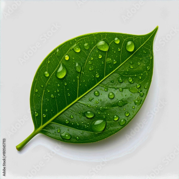 Fototapeta Crisp Morning Dew on Serrated Bright Green Leaf, Isolated on White.
