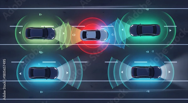 Fototapeta Autonomous vehicles using advanced driver assistance system with radar sensors for safety scanning road in self driving mode to avoid car accident on highway with lane assist
