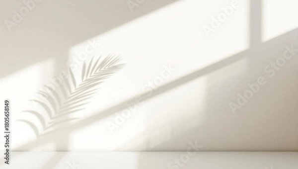 Obraz Soft natural light casting a palm leaf shadow on a neutral background