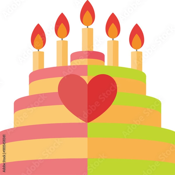 Obraz ''Colorful vector birthday cake with five burning candles and a prominent heart decoration for celebrations''