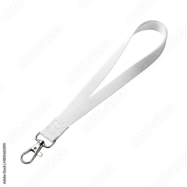 Fototapeta White Lanyard Strap with Metal Clasp and Ring on Black Background Keywords: lanyard, strap, white, fabric, textile, accessory, neck strap, id holder isolated on a transparent background