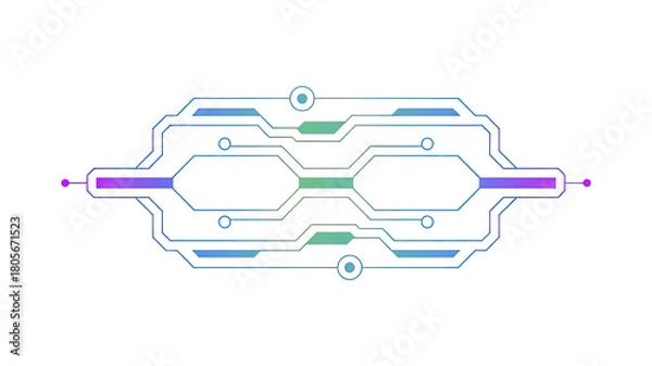 Obraz uturistic Gradient Tech Circuit Frame – Abstract Cyber Interface Element with Neon Blue and Purple Lines, Symmetric Digital Chip Structure, Sci-Fi Data Flow Pattern, High-Tech Electronic Border Design