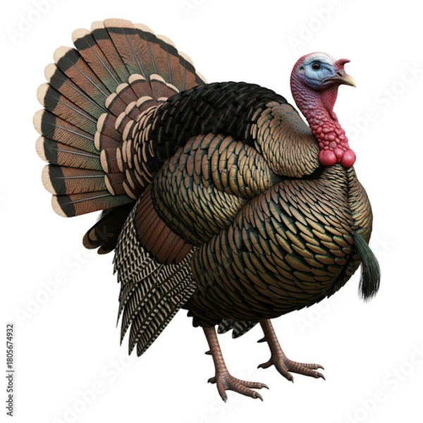 Fototapeta Male turkey displaying fanned tail feathers isolated on a transparent background