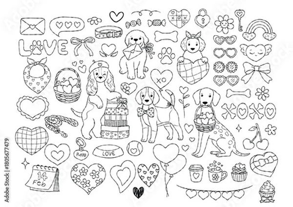 Fototapeta Valentine Dogs Collection Outline Vector, Groovy Valentine Dogs Line Art Doodle, Kawaii Puppy Coloring Page Hand Drawn Design