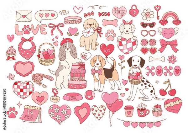 Obraz Valentine Dogs Collection Vector, Groovy Valentine Dogs Doodle, Kawaii Puppy and Hearts Hand Drawn Design Vector