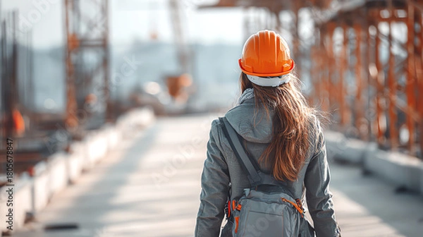 Fototapeta A woman in a hard hat walks confidently on a construction site, symbolizing empowerment and progress in industry.