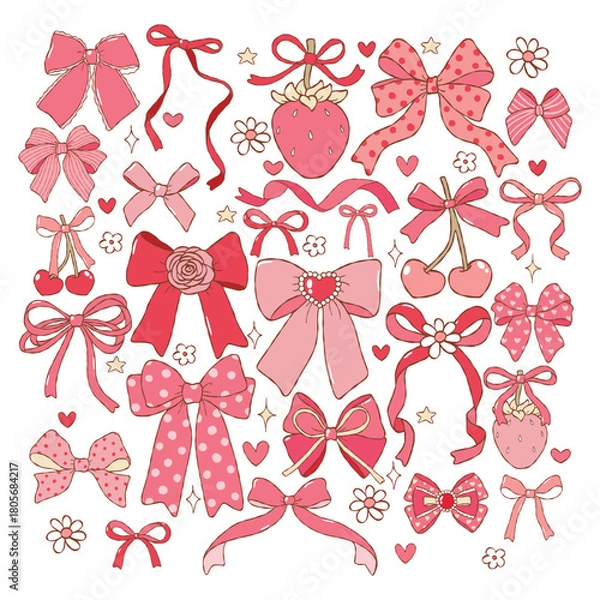 Obraz Coquette Bows Collection Vector, Hand Drawn Ribbon Bows Doodle, Trendy Preppy Girly Bows Hand Drawn Design Vector