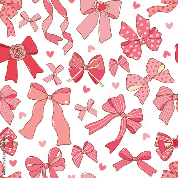 Fototapeta Coquette Valentine Bows Seamless Pattern, Girly Pink and Red Digital Paper,Trendy Ribbon Bows Fabric Design Vector