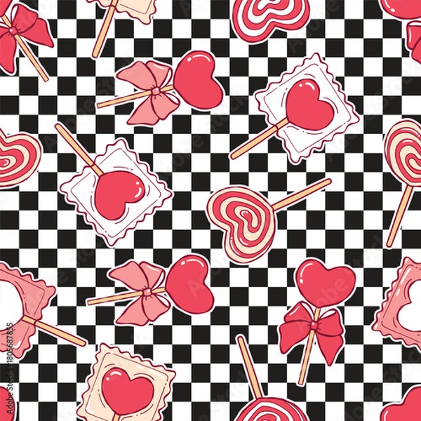 Fototapeta Valentine Heart Lollipop Seamless Pattern, Valentines Day Candy Digital Paper, Trendy Valentine Sweet Fabric Design Vector