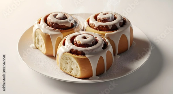 Fototapeta Three freshly baked cinnamon rolls with icing and steam