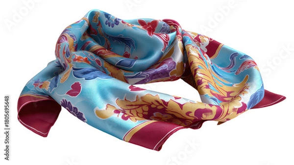 Fototapeta Colorful silk scarf with floral pattern isolated on transparent background