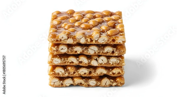 Fototapeta Stack of peanut brittle squares with caramel coating