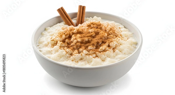 Fototapeta Rice pudding with cinnamon and cinnamon sticks in a bowl