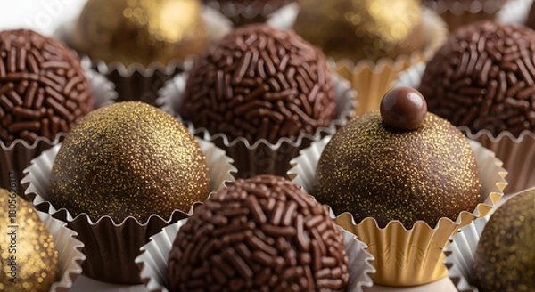 Fototapeta Assortment of chocolate brigadeiros with sprinkles and gold dust