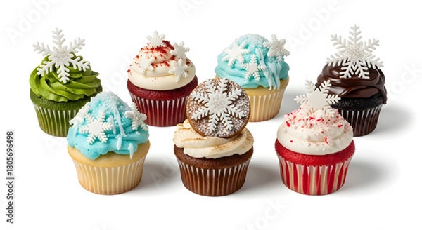 Fototapeta Assorted Christmas cupcakes with snowflake decorations