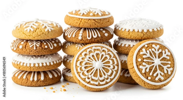 Fototapeta Stack of decorated gingerbread cookies with white icing