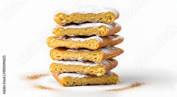 Fototapeta Stack of sliced pancakes dusted with powdered sugar