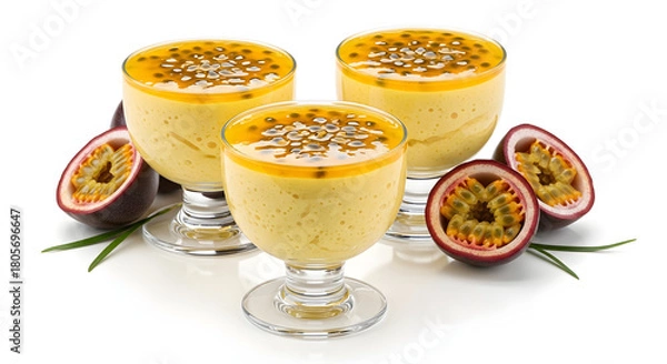 Fototapeta Three glasses of passion fruit mousse with fresh fruit