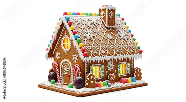 Fototapeta Decorated gingerbread house with colorful candies and frosting