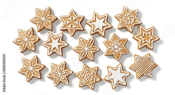 Fototapeta Collection of star-shaped Christmas gingerbread cookies with icing