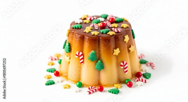 Fototapeta Christmas flan with caramel and festive decorations