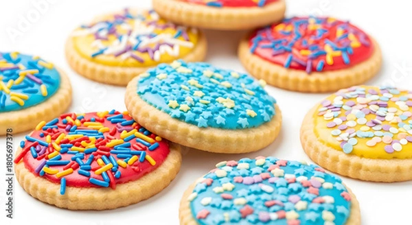Fototapeta Colorful frosted sugar cookies with star and sprinkle decorations