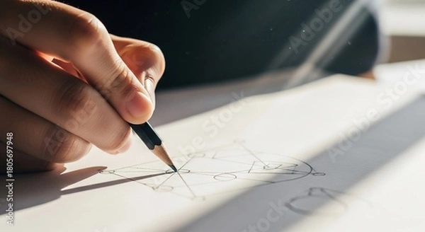 Fototapeta Hand sketching with pencil on white paper, creating art.