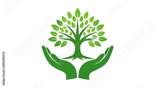 Fototapeta A stylized green tree with lush foliage being cradled by two open green hands on a bright white background